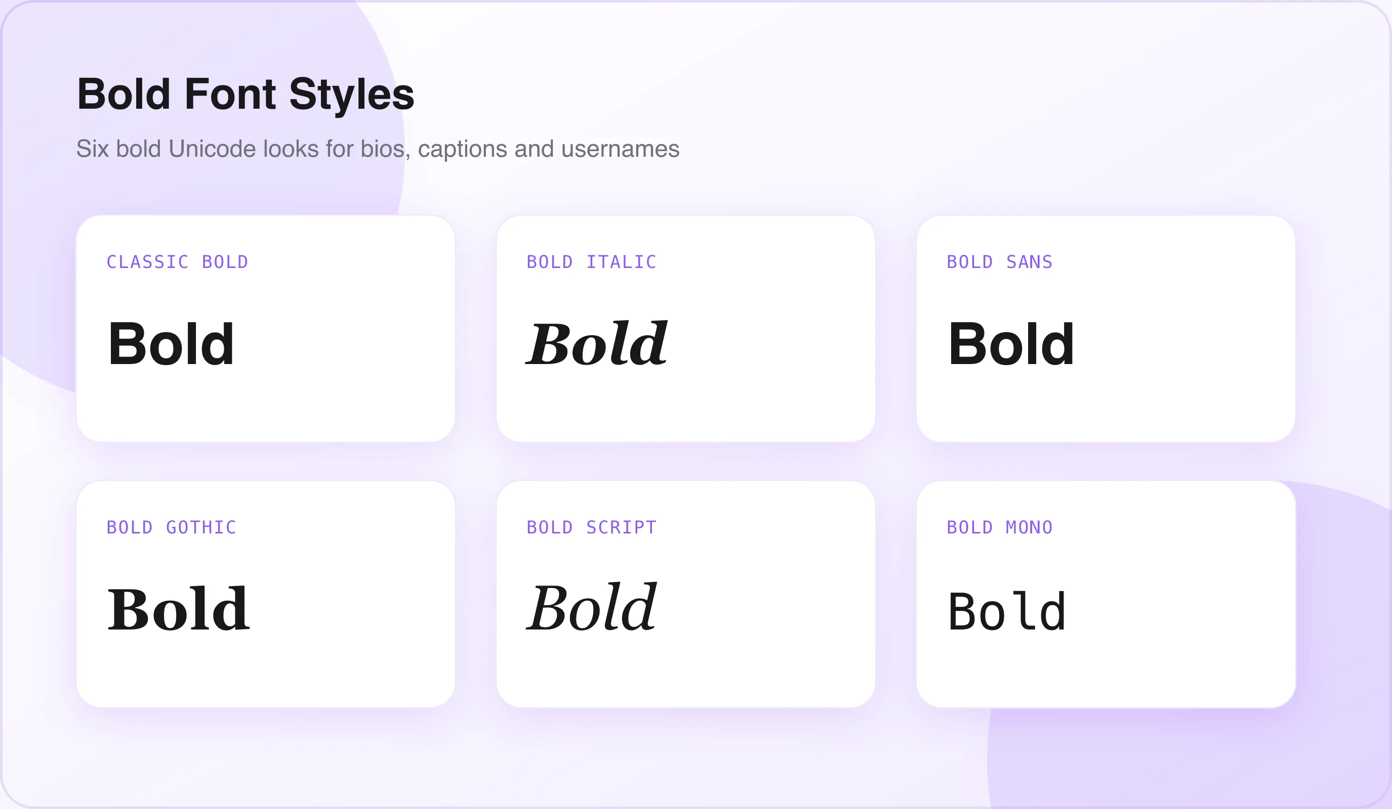 Bold text generator styles Showcase of font styles available in the bold text generator