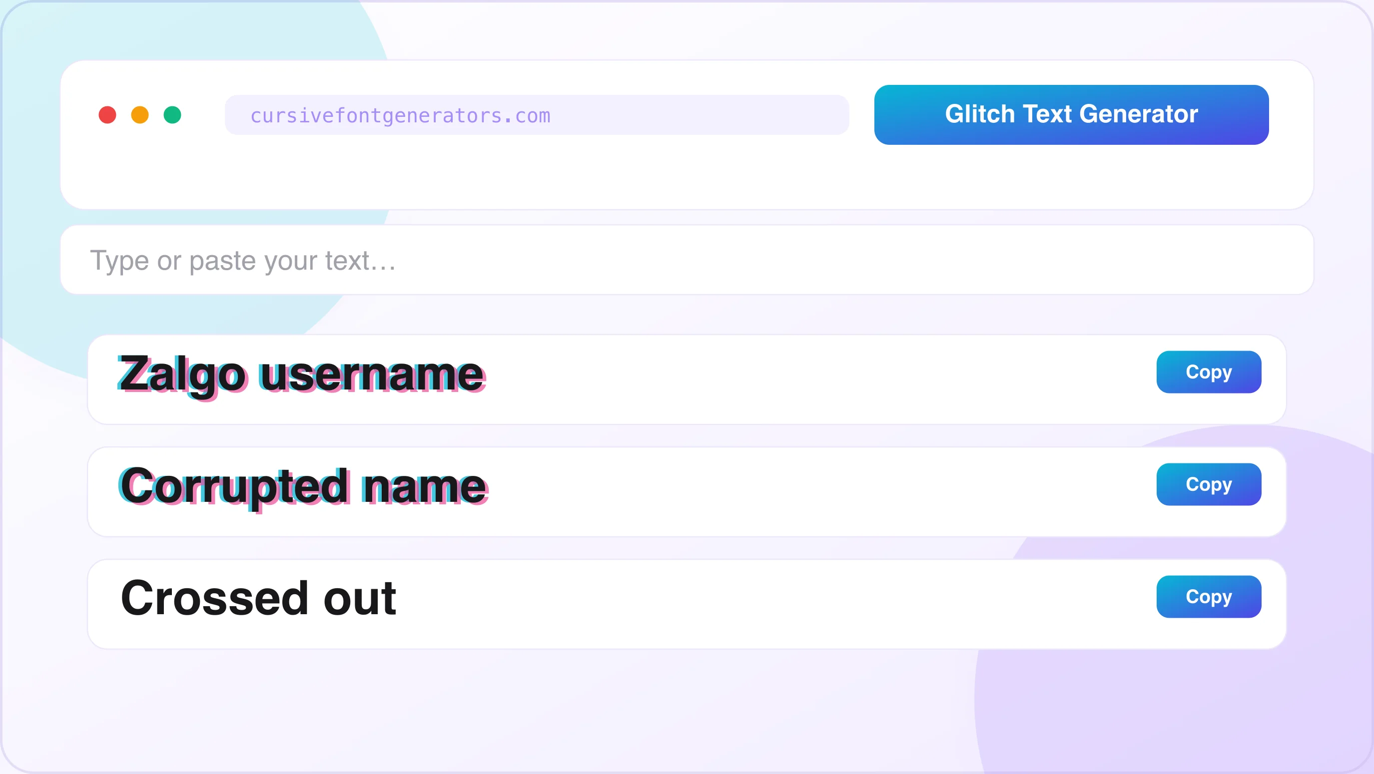 Glitch text generator preview — converting text into styled Unicode in the tool