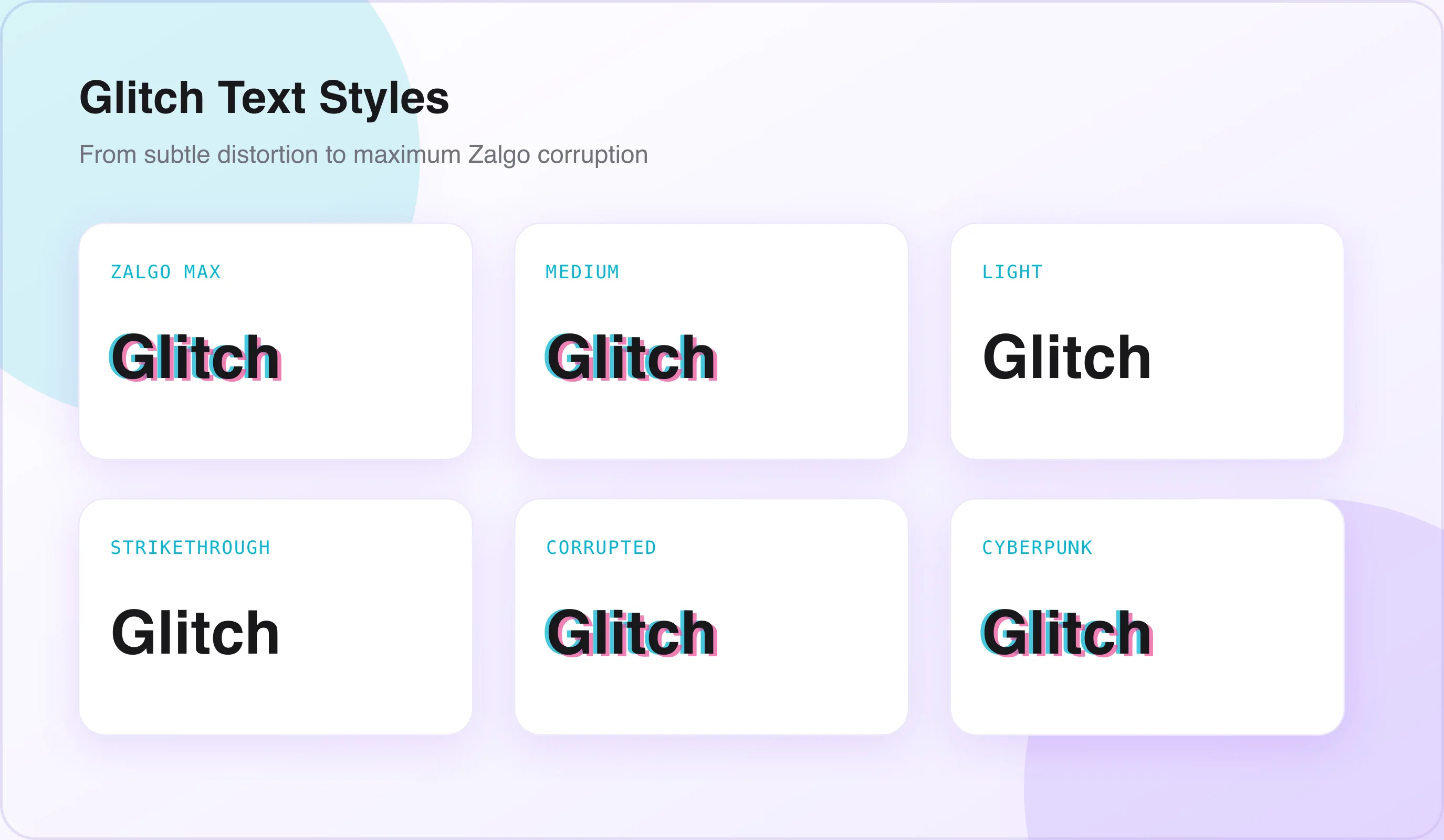 Showcase of font styles available in the glitch text generator