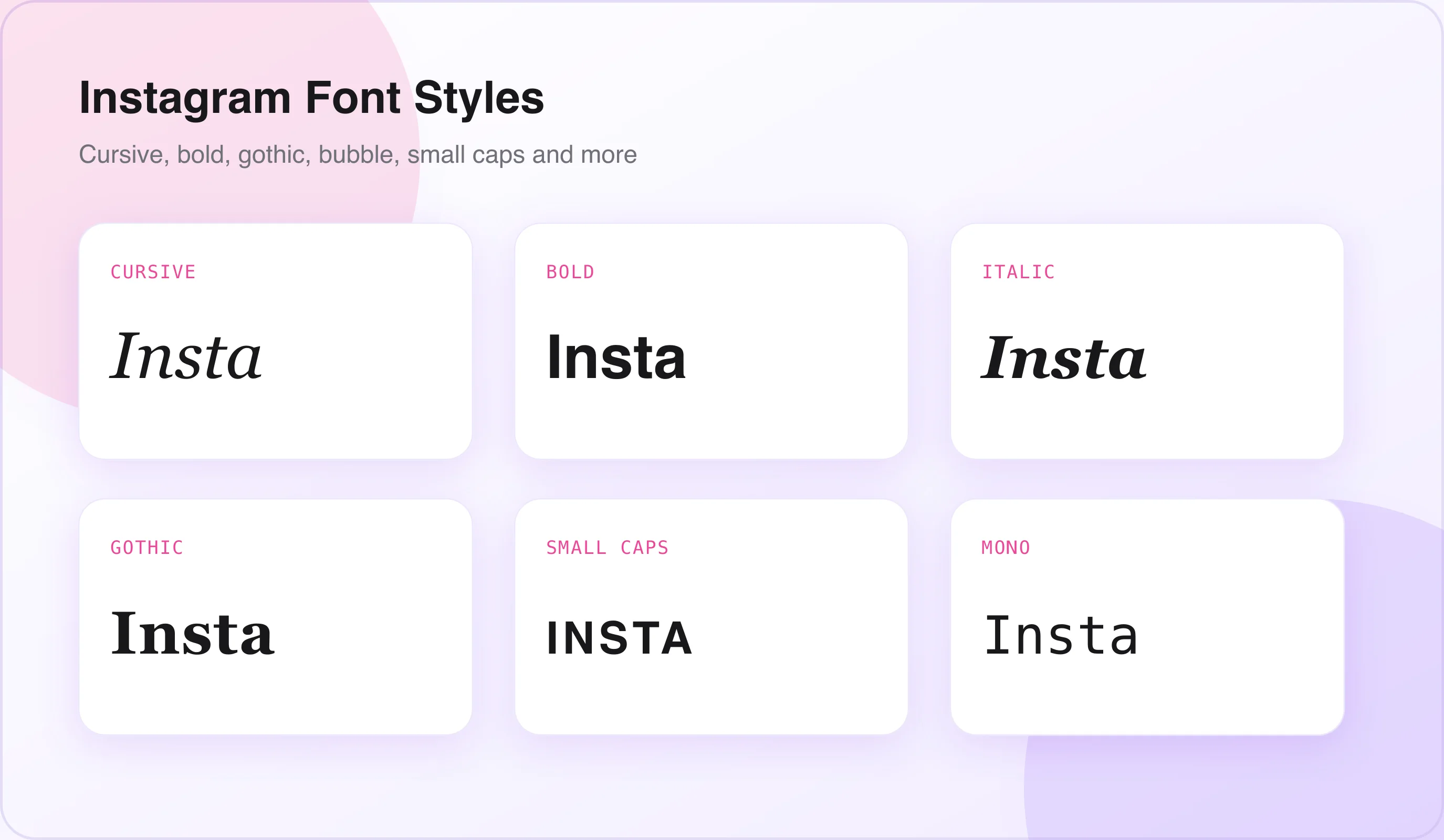 Showcase of font styles available in the Instagram font generator