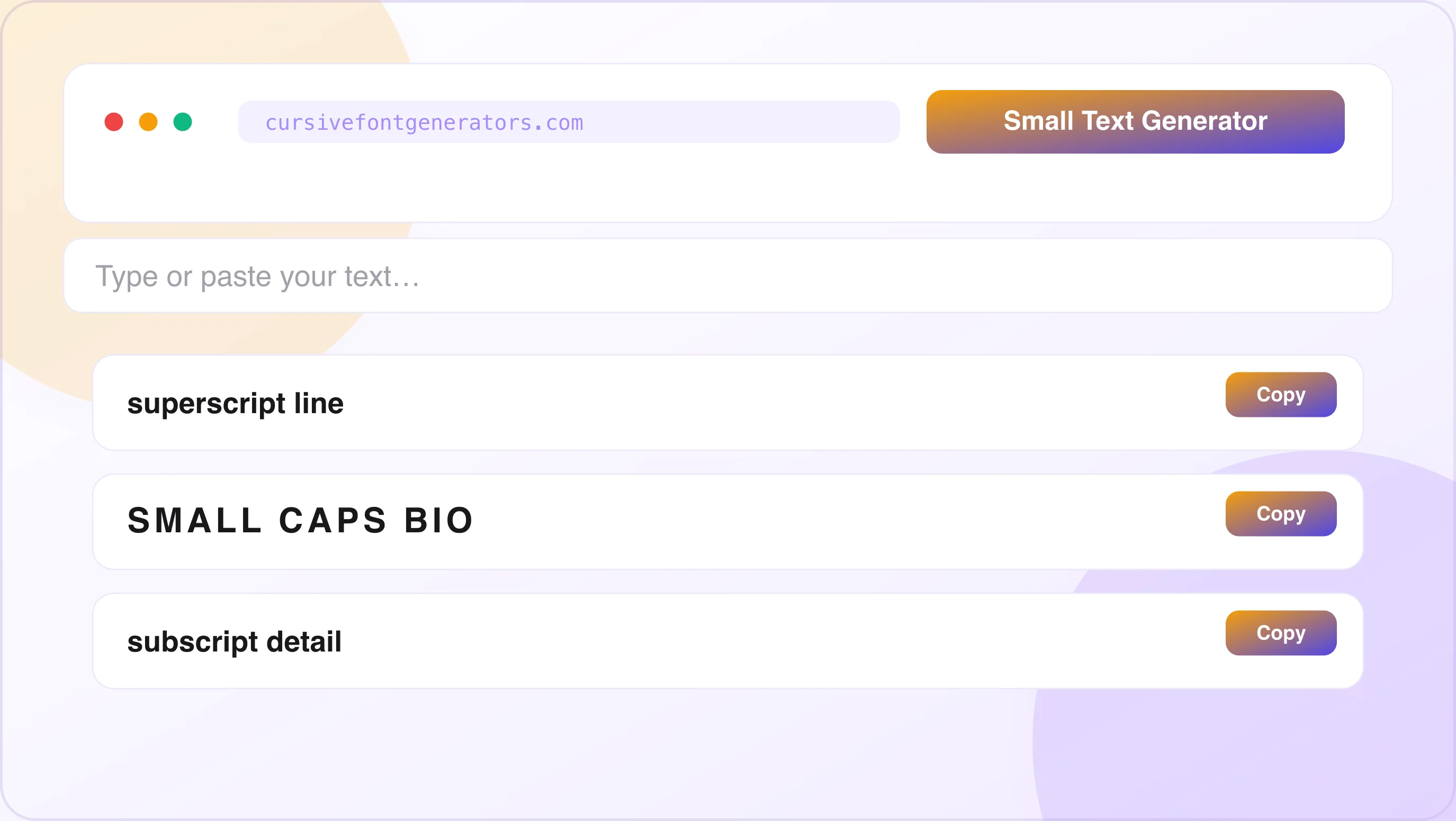 Small text generator live preview Small text generator preview — converting text into styled Unicode in the tool